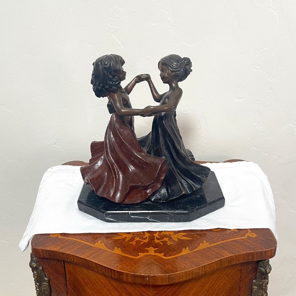 Signed Bronze Art Sculpture Figurine - Bronze Young Girls Dancing on Marble base